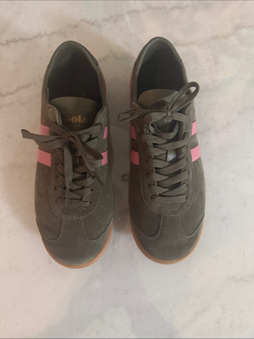 Gola Women's Olive Suede Sneakers with Pink Stripes